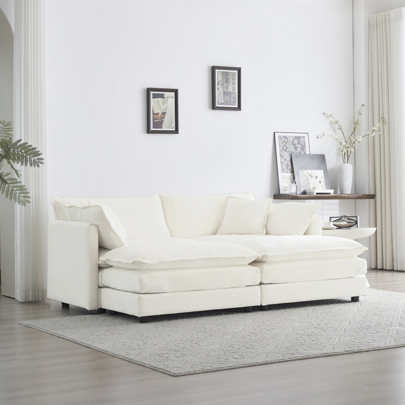 Canapé modulaire 2 places avec repose-pieds en tissu chenille blanc et repose-pieds, structure stable