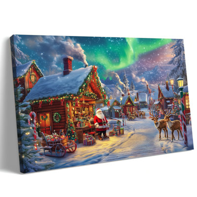 Abiella Cabin Santa Claus Reindeer Winter Village Landscape Canvas Prints, Pine Tree Snow Scene Wall Artwork Posters for Living Room Bedroom Holiday Picture Painting, 12×16 Inches