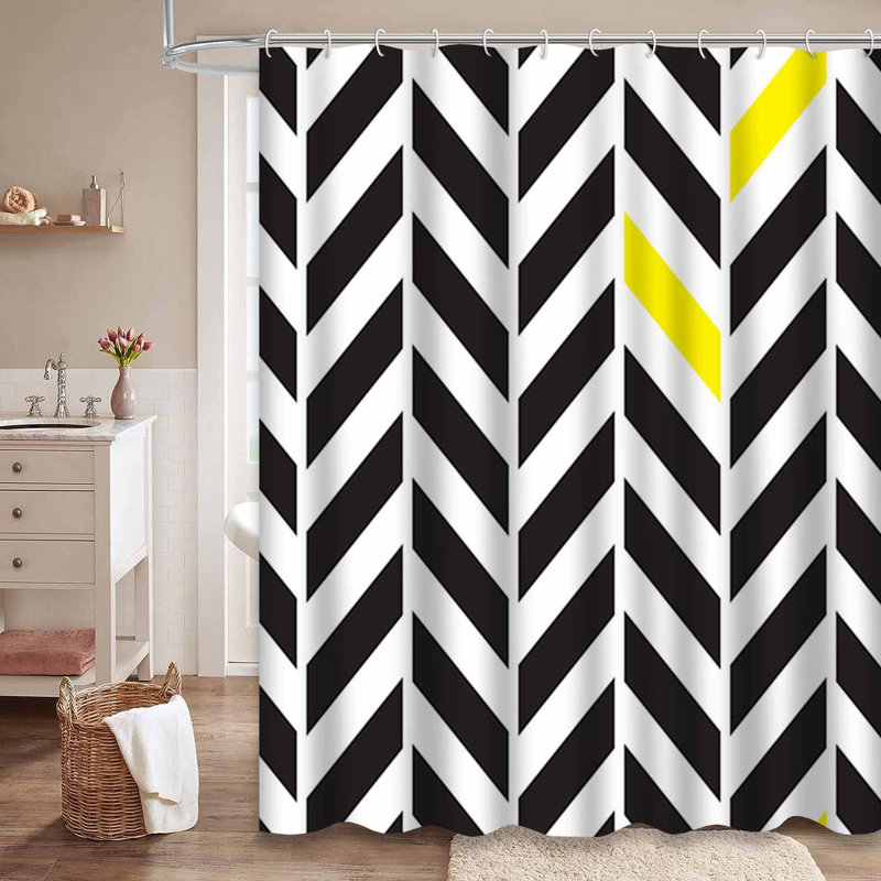 Rideau de douche jaune à motif géométrique noir avec 12 crochets, L 72 po x l 72 po