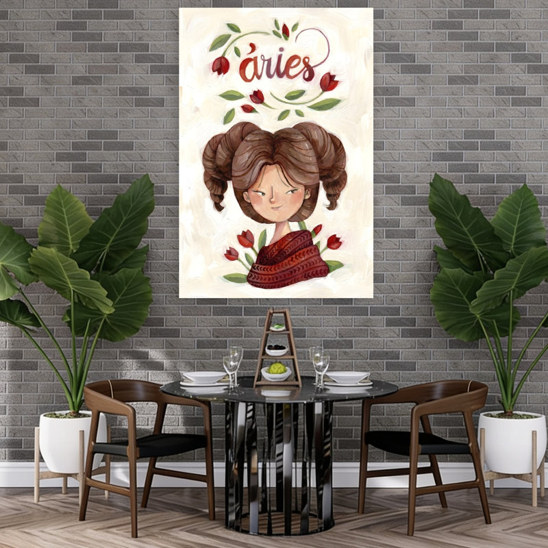 Aries Girl With Tulips Whimsical Contemporary Tulip Nature Portrait Wall Art Print 1 Piece Wrapped Canvas Wall Art