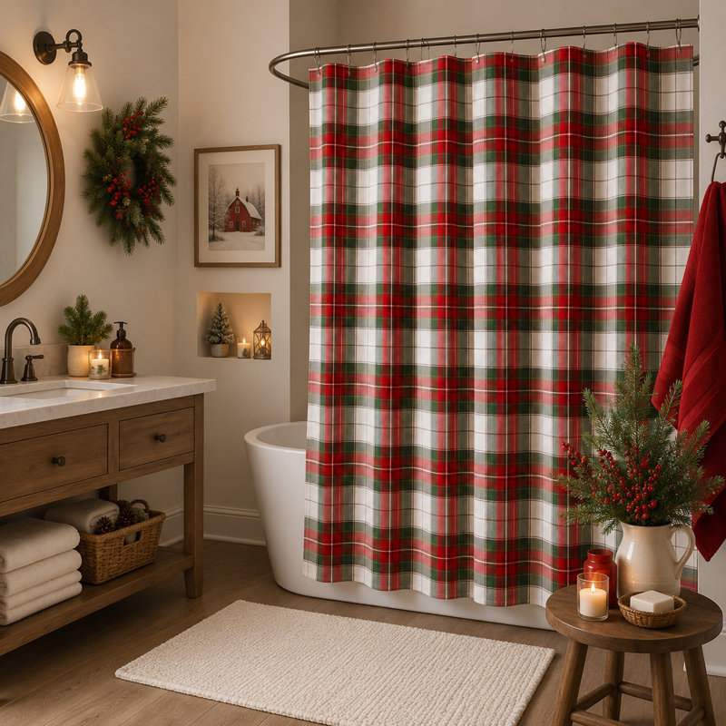 Rideau de douche Classic Holiday - Tissu de salle de bain à carreaux festifs, Carreauté multicolore