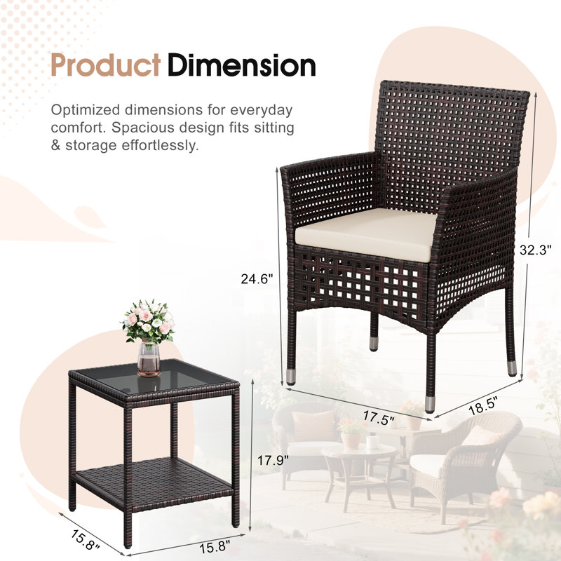 3-Piece Patio Bistro Set with Side Table & Cushions, Black