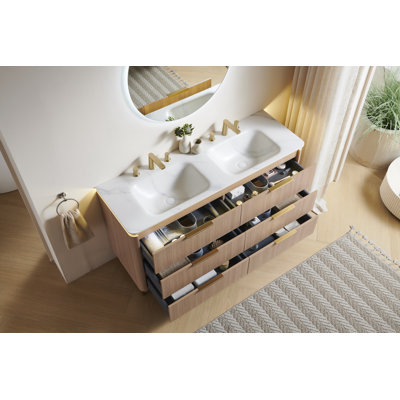 Amara 60'' Bathroom Vanity&Sinks, Freestanding Curved Edges Plywood Bathroom Storage Cabinet With 6 Drawers, Carrara White Sintered Stone Integrated Basin, Pre-Assembled