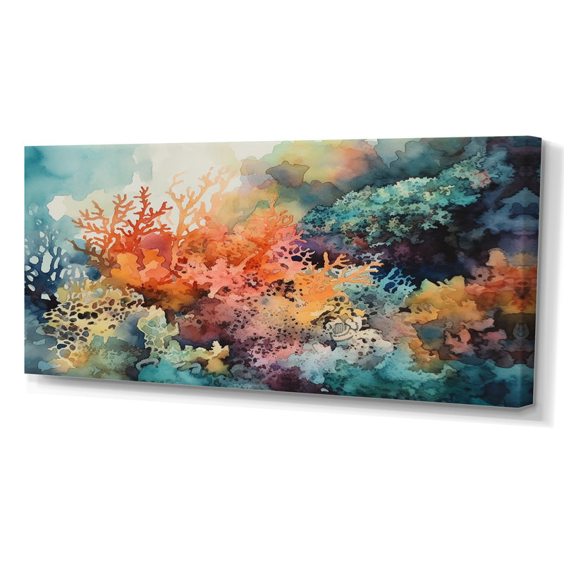 «Vibrant Coral Reef I - Modern Beach», art mural, Toile tendue, H 28 po x l 60 po x P 1,5 po