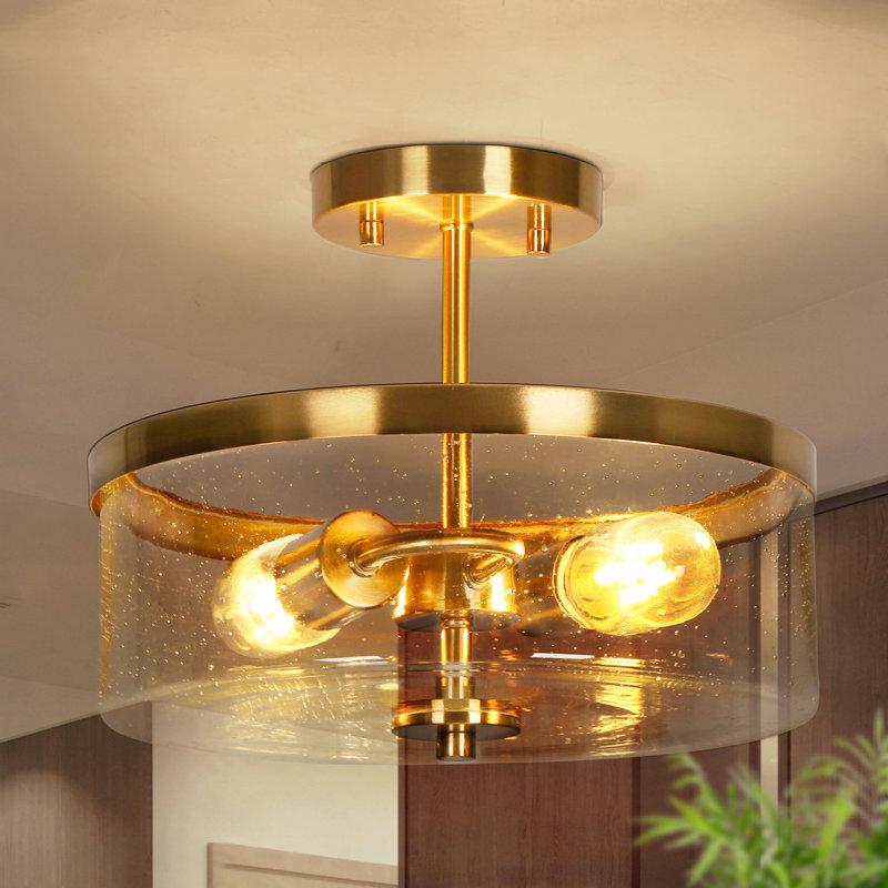 Satin Brass 2-Light Semi-Flush Mount with Seeded Glass Shade