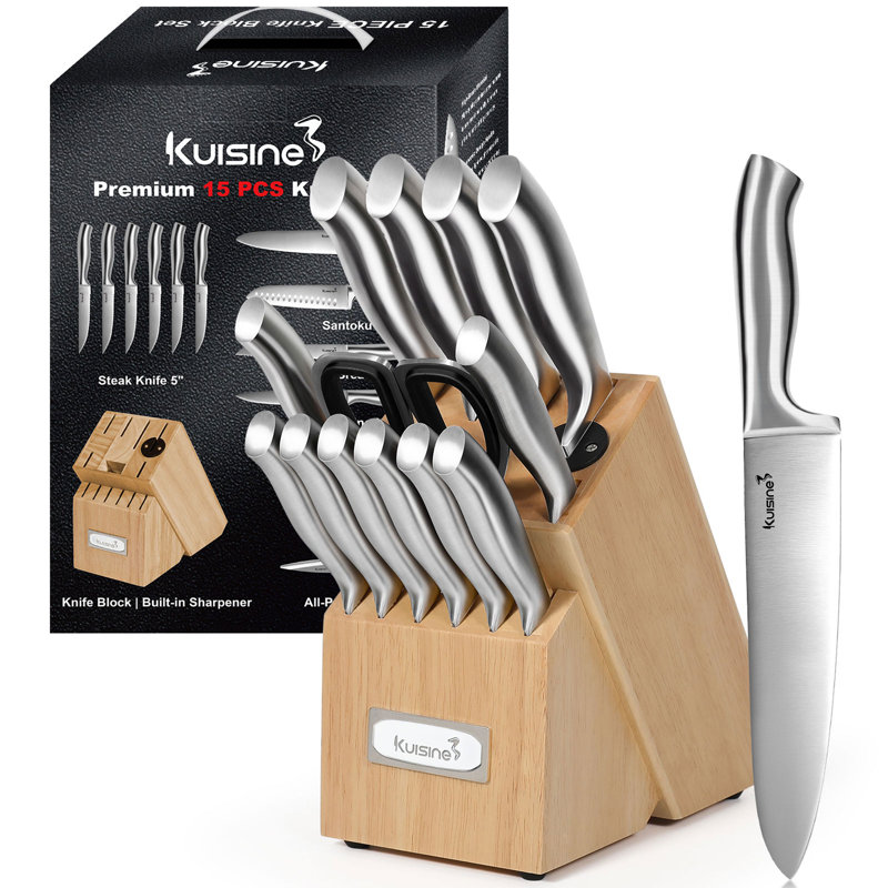 Ensemble de couteaux de cuisine en acier inoxydable de 15 pièces, cuisine en acier à haute teneur en carbone, ensemble de couteaux de chef creux, porte-couteaux intégré