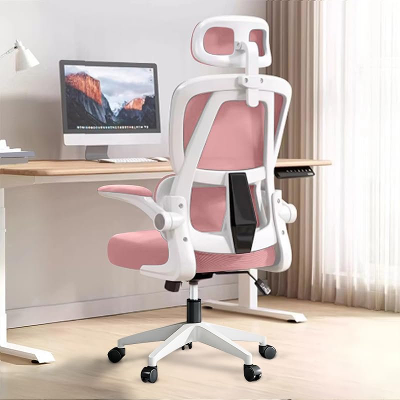 HDHNBA Breathable Mesh Ergonomic Office Chair With Flip Up Armrests And Adjustable Headrest, Pink