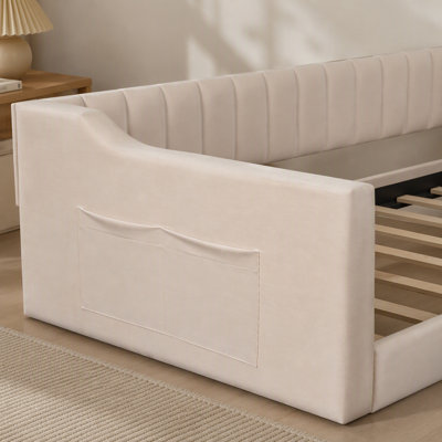 Lit de jour simple rembourré en velours de taille XL, beige
