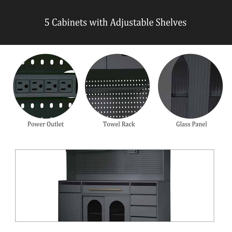 Buffet autoportant de 63 po de largeur avec huche, grande armoire de rangement pour bar à café avec 6 tiroirs, 5 armoires avec tablettes réglables, panneau perforé, porte-serviettes, prise de courant