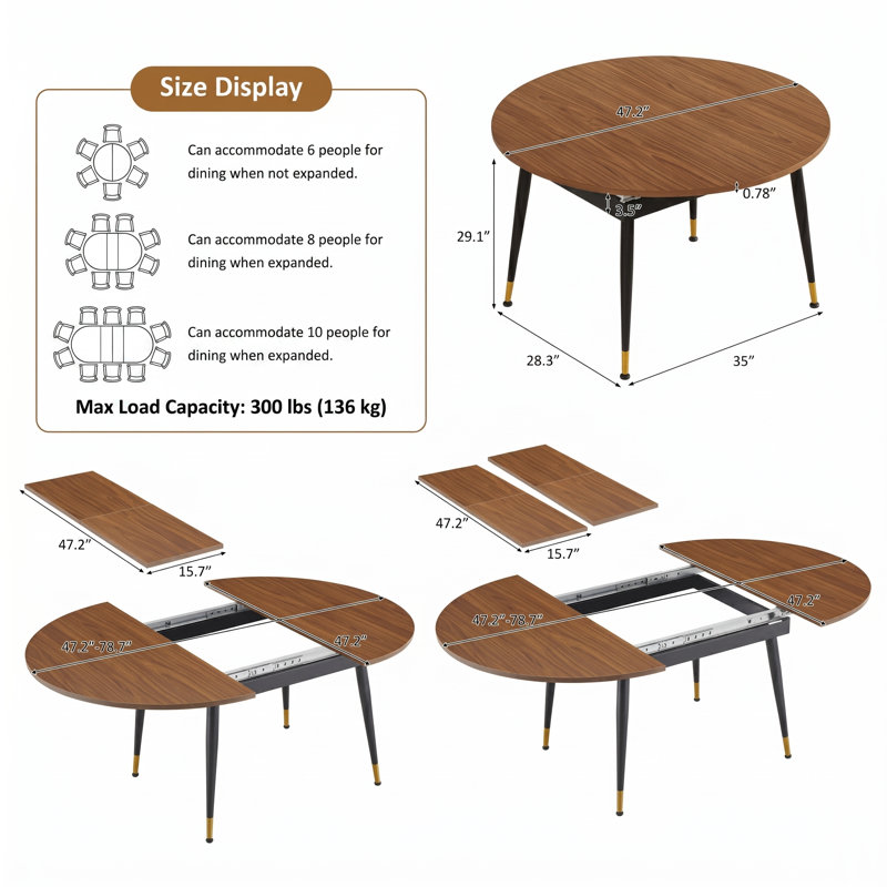 47"-78" Modern Extendable Oval Dining Table with Metal Legs, 2 Leaves, Seats 6-10
