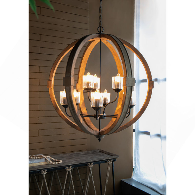 9- Light Globe Chandelier, Wood Chandelier Hanging Light Fixture With Adjustable Chain For Kitchen Dining Room Foyer Entryway, Bulb Not Included