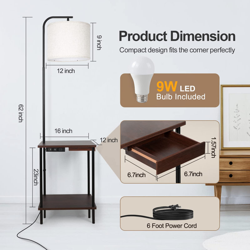 Walnut Finish Floor Lamp With Integrated Table, Drawer, USB Ports, And Remote Control, 4 Color Temperatures