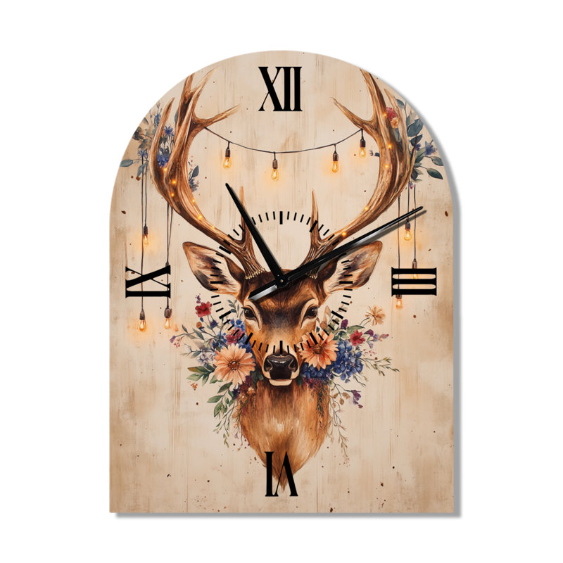 Composition rustique de Noël avec cerfs et fleurs I - Horloge murale en métal arquée Lodge, H 31 po x l 23 po - Arche