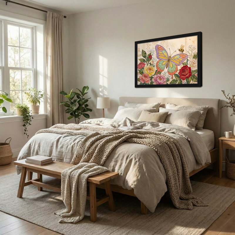 Animaux, papillon et fleurs avec motif d'abeille, H 12 po x l 18 po