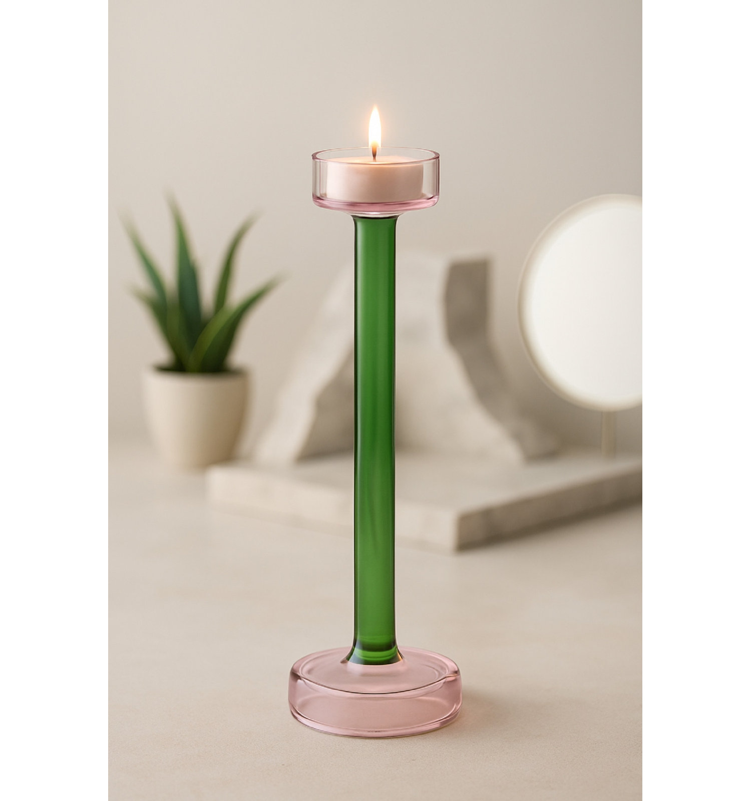 Ahmad Glass Tealight Candle Holder, 10.5"H x 3" W x 3" D, Green