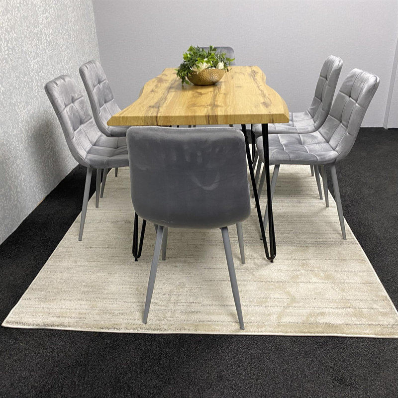Wooden Dining Table and 6 Velvet Chairs - Stylish Dining Room Furniture, Grey, 75cm H x 117cm W x 77cm D