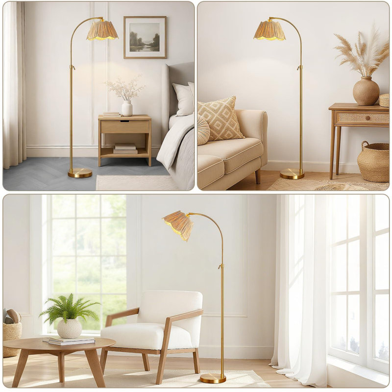 Lampe sur pied ajustable avec abat-jour tissé en rotin naturel, lampe sur pied Boho moderne de style Mid-Century, lampe sur pied rétro (or)