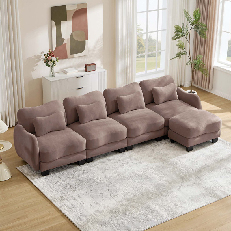 Canapé modulaire surdimensionné en L chenille avec design ergonomique et repose-pieds mobile, Chenille rose poussière