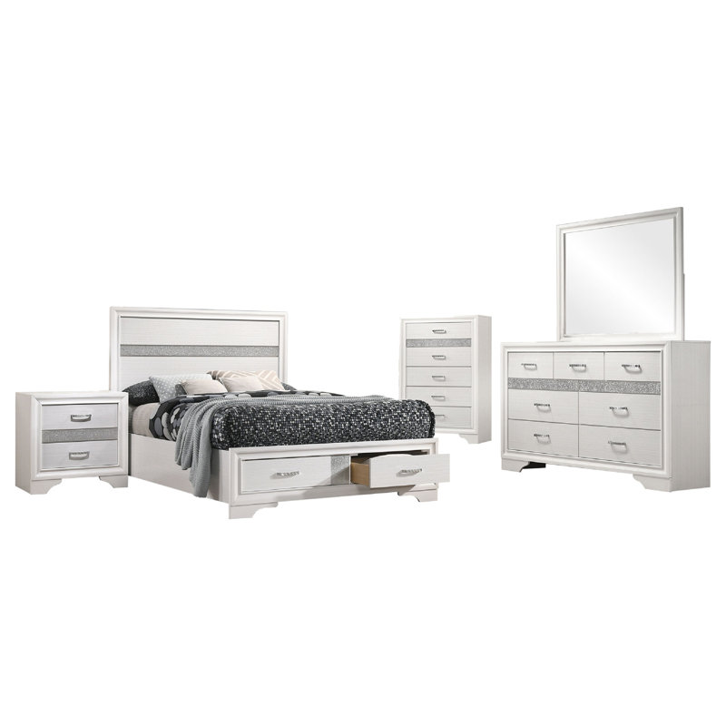 Ensemble de lit double 5 pièces avec rangement, commodes et paillettes Vino White, Blanc, Double