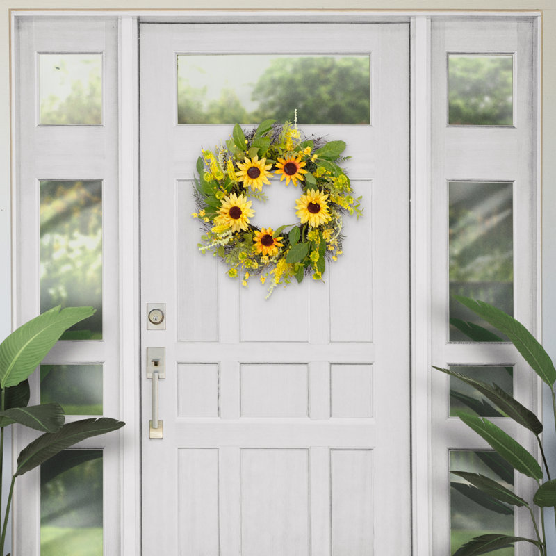 24" Artificial Sunflower Floral Spring Door Wreath, Green/Yellow