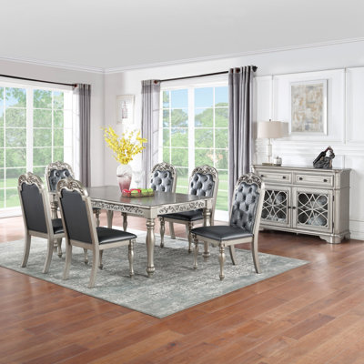 Traditional Formal Silver / Grey Finish 7Pc Dining Set Table W 6X Side Chairs Rubber Wood Intricate Design Tufted Back Cushion Seat Dining Room Furniture (Dining Set)