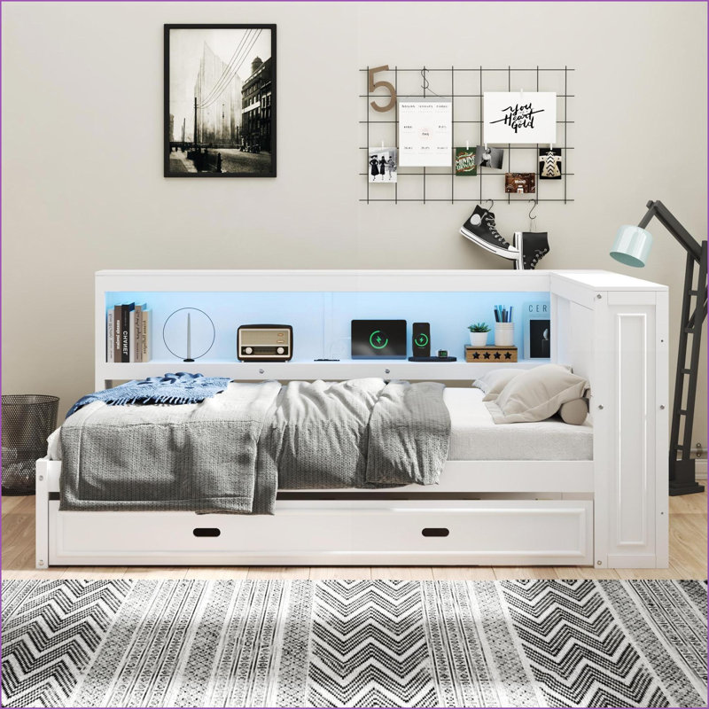 Lit de jour pleine grandeur en bois massif avec lit gigogne, tablettes de rangement, ampoules à DEL USB - blanc, aucun sommier nécessaire