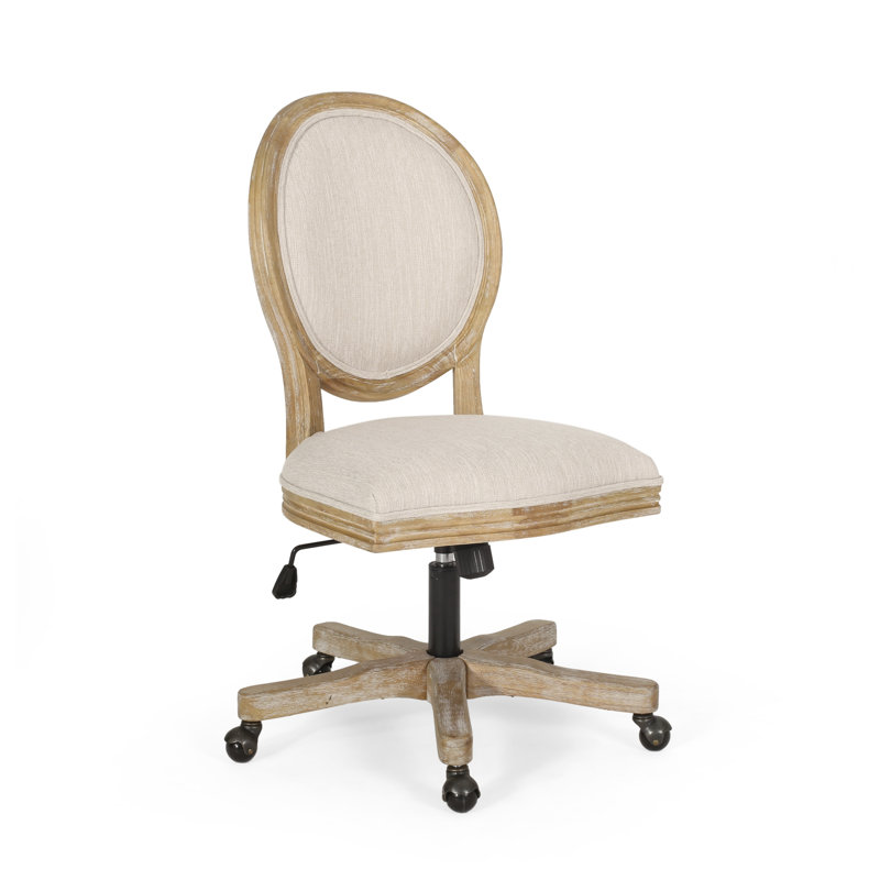 French Country Inspired Swivel Office Chair with Distressed Wood Frame in Beige