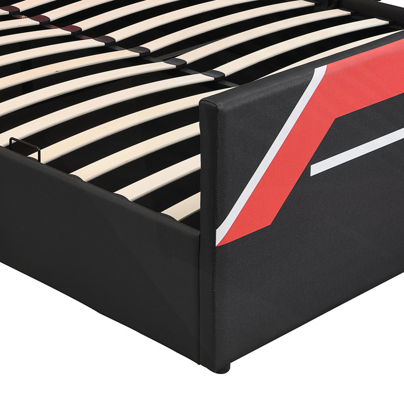 Grand lit de jeu avec tête de lit à DEL intégrée à 7 couleurs, lit plateforme avec rangement hydraulique, Black/Red