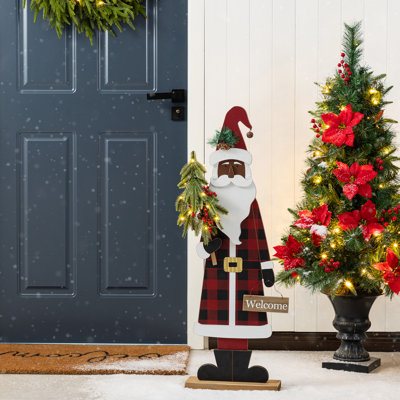 Décoration de porche de père Noël africain en bois éclairé 35,75 "avec minuterie (KD)
