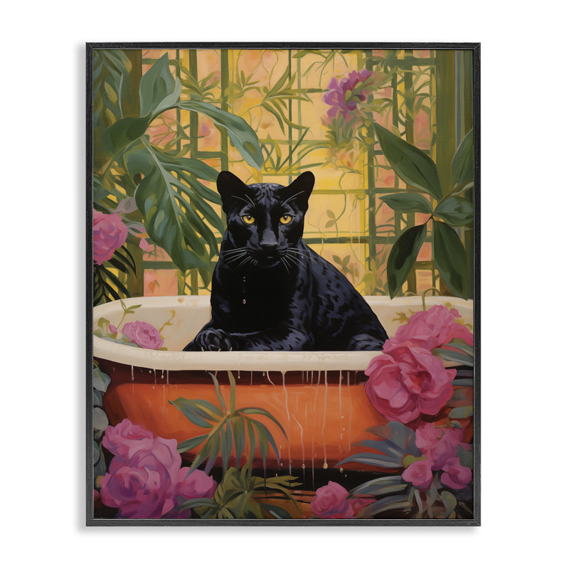 «Lush Tropics Panther Bath», dessin de Heidi Kuntz, H 14 po x l 11 po, Giclée encadrée noir minuit