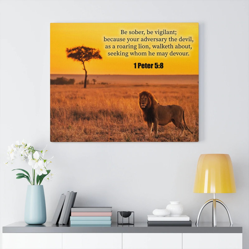 «Roaring Lion» 1 Pierre 5: 8, impression murale verset de la Bible chrétienne prête à être accrochée, H 12 po x l 16 po