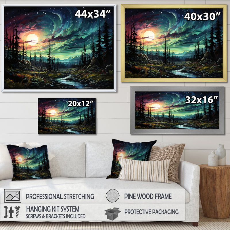 Aurora Borealis Emerald Embers I, reproduction d'art sur toile, H 16 po x l 32 po x P 1 po, Cadre photo noir