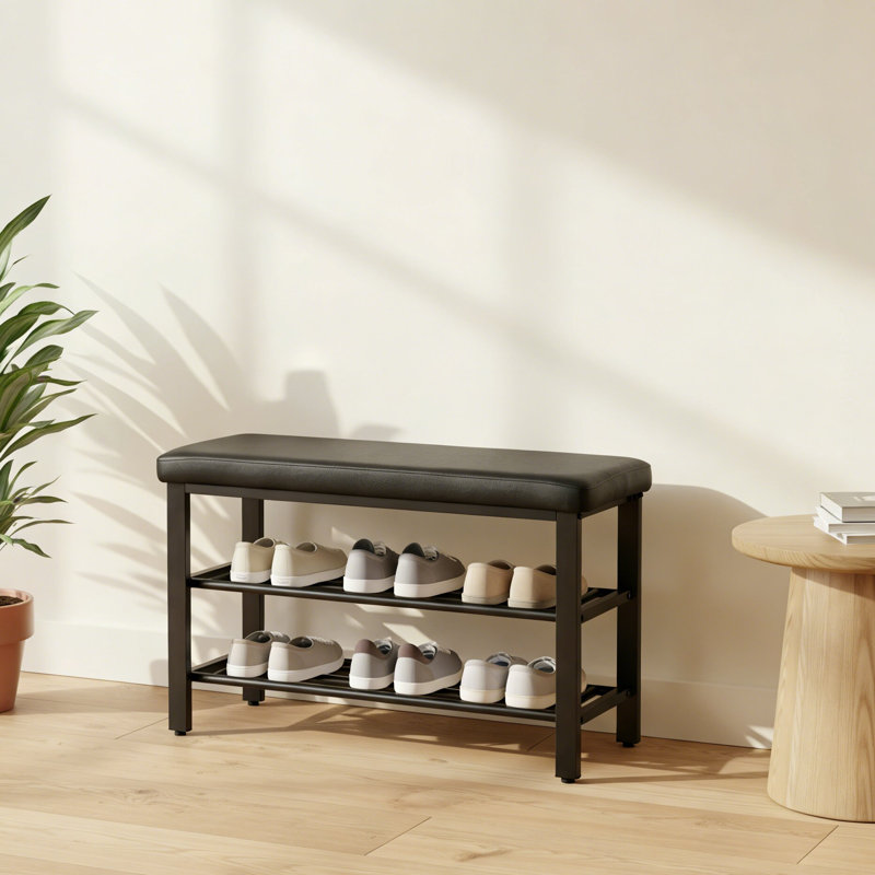 Modern Style Small Shoe Bench, 3-Tier Shoe Rack, with PU Seat Cushion And Metal Mesh Shelves, Black