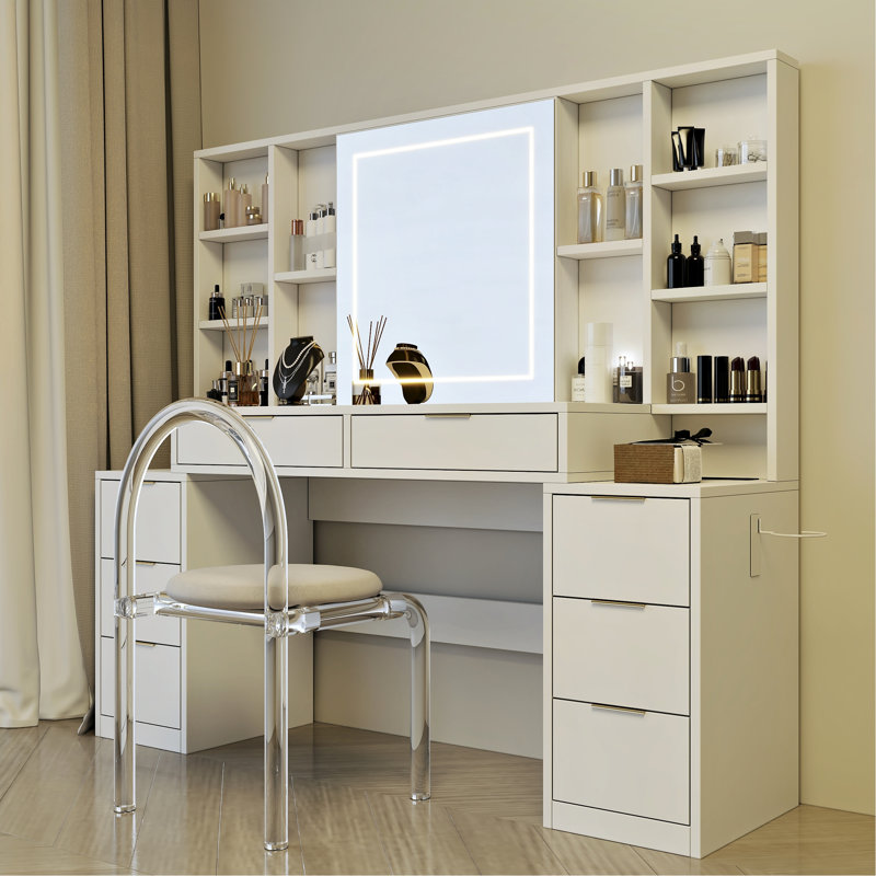 54", Brightness Adjustable, Makeup Vanity Desk, 3 - Colour Led Lights, Mirror, 8 Drawers, Open Shelves, Dressing Table, Bedroom, E1 Engineered Wood, Scratching Tempered Glass Adjustable Desk With