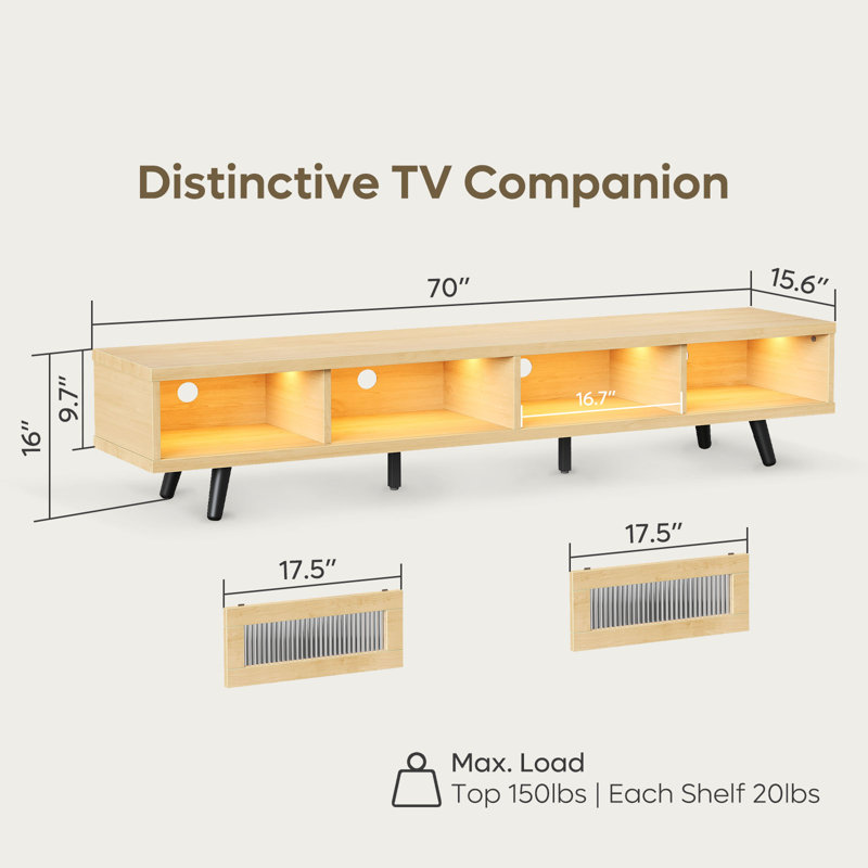 70'' Mid-Century Modern TV Stand with LED Lights Sliding Doors, Media Console for TVs up to 75'', White Maple