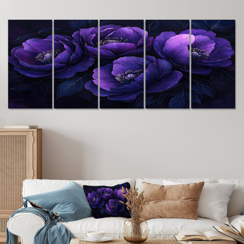 Mauve pivoines minuit Blom II - pivoines - art mural traditionnel pour le salon, H 28 po x l 60 po, 5