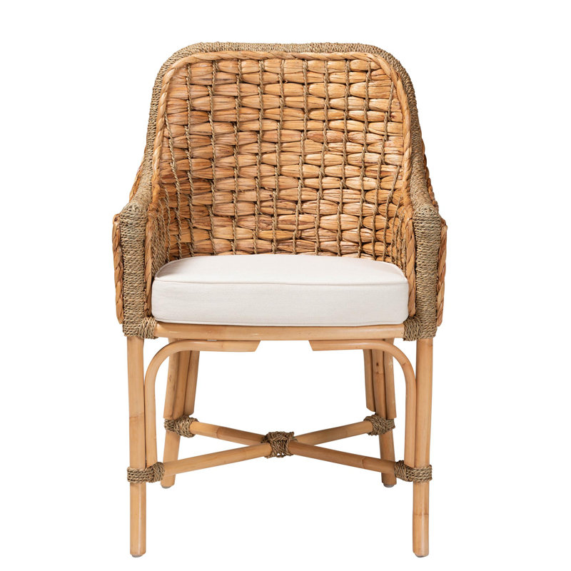 Kyle Modern Bohemian Woven Rattan Dining Arm Chair with Cushion
