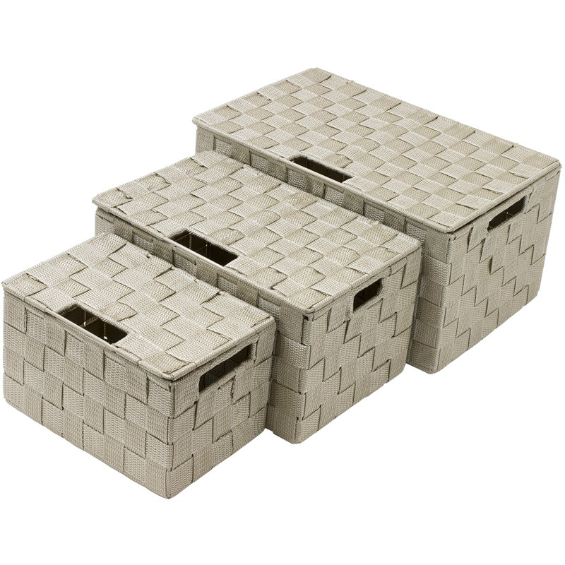 Sorbus Stackable Woven Basket with Lid and Handles 3 Pack, Beige