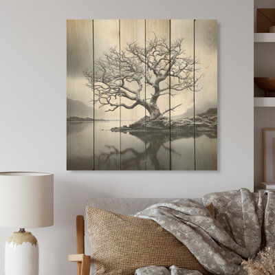«Stormy Grays Tree Emotion», art en bois monochrome sur bois de pin naturel