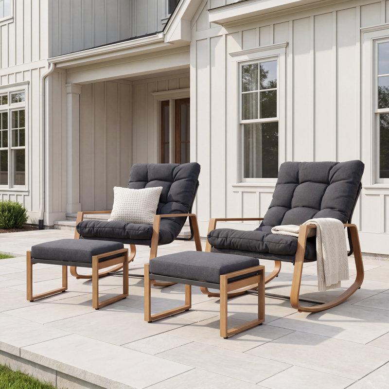 Ensemble de chaises berçantes et repose-pieds Arunas pour l'extérieur avec structure en acier à grain de bois 4 pièces