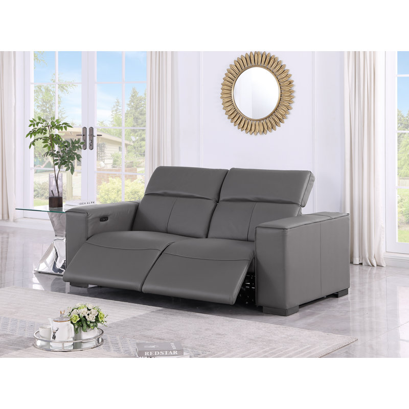 Luxurious Genuine Leather Power Reclining Loveseat With Power Headrest, Dark Gray