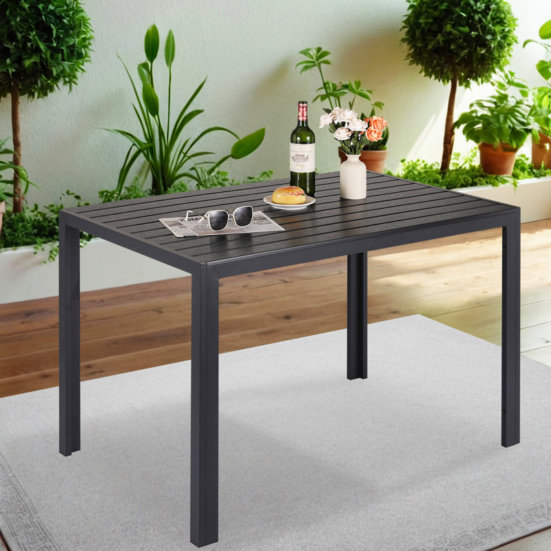 43×28in Outdoor Dining Table For 6, Wooden-like Top, Aluminum Frame, Weather Resistant, , Ideal For Garden, Patio, Poolside, Porch,