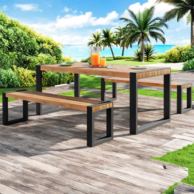 3-Pieces Outdoor Dining Table With 2 Benches, Patio Dining Set With Unique Top Texture, Acacia Wood Top & Steel Frame, All Weather Use, For Outdoor & Indoor, Natural