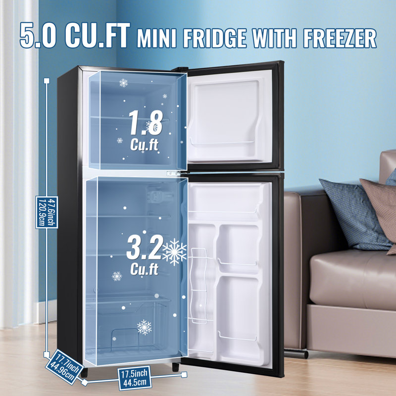5.0 Cu.Ft Mini Fridge with Freezer, Double Door Compact Refrigerator with 4 Adjustable Thermostat and Shelves ,Small Fridge with Large Capacity, Perfect for Bedroom, Dorm, Home, Office, Black