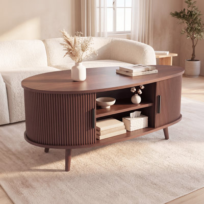 Mid-Century Modern Oval Storage  Coffee Table with Tambour Sliding Doors
