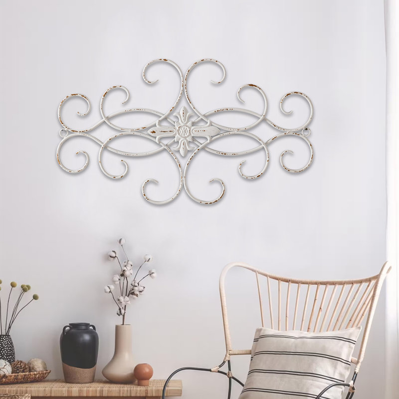 Vintage Large Distressed White Wrought Iron Wall Decor 32" X 18", Handmade Rustic Scroll Metal Wall Art, Hanging Vertical And Horizontal