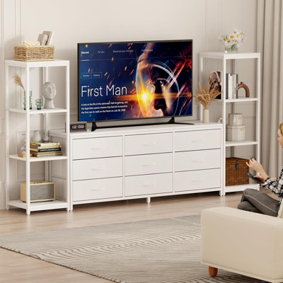 75 Inch TV Stand Entertainment Center with LED Lights, Power Outlets & 9 Drawers