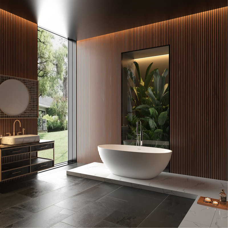 65" Freestanding Solid Surface Bathtub, Luxury Handcrafted Stone Resin Freestanding Soaking Bathtub With Overflow And Pop-Up Drain, Matte White