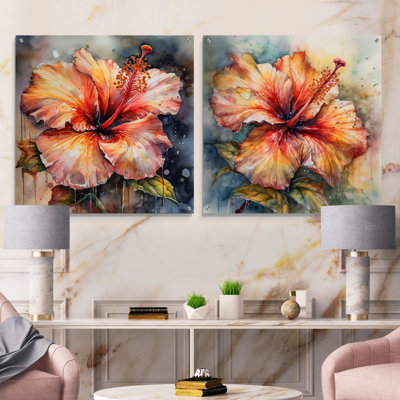 Hibiscus orange gris Euphoria I - Hibiscus acrylique ensemble d'art mural en verre de 2