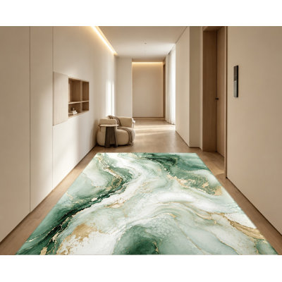 Tapis d'intérieur abstrait moderne en velours, motif marbre vert et or, dos antidérapant, tapis décoratif, idéal pour le salon, la chambre, l'entrée, la cuisine, le balcon ou un appartement.